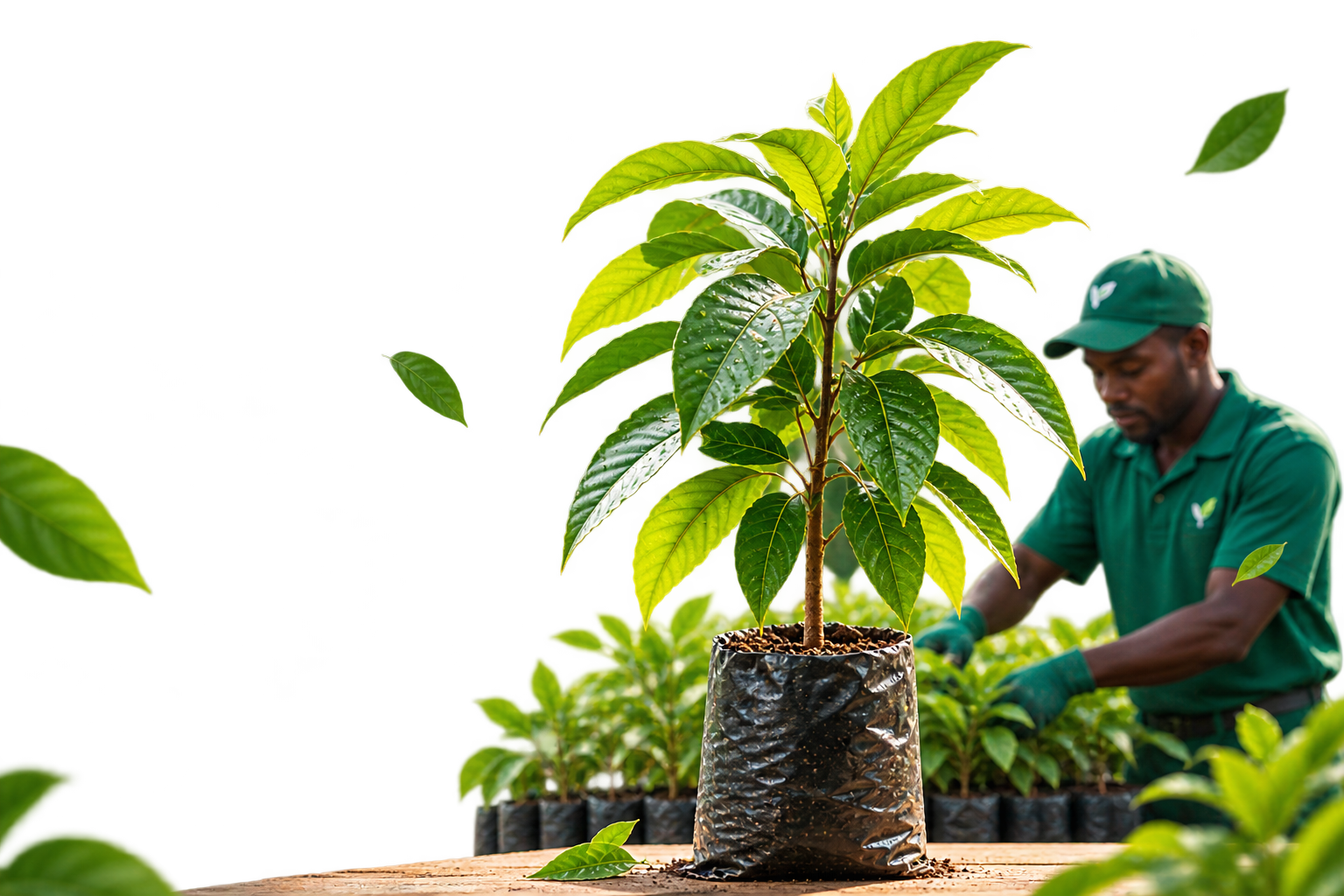 Serre de pépinière arborée et plants en pots au Bénin
